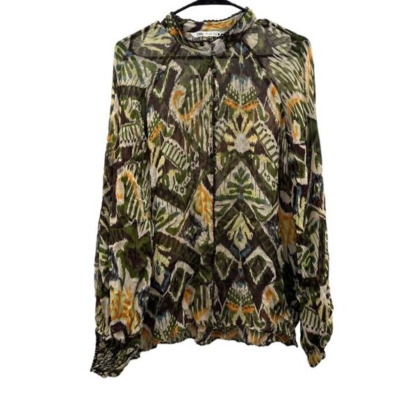 Zara Brown & Green Boho Aztec Print‎ Sheer Long Sleeve Button Down Shirt Size L - Picture 2 of 10
